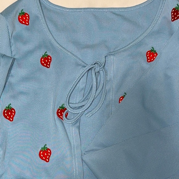 Cute Strawberry print blue cropped tie up ribbed top. Like new - Picture 2 of 3
